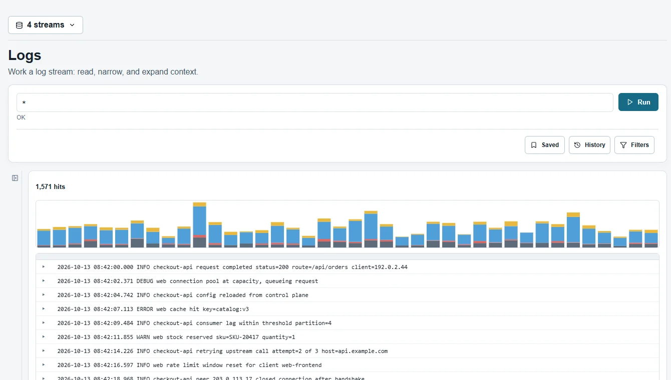 ZenLog logs page in light theme: a histogram of log records over time, with timestamped INFO, WARN, ERROR and DEBUG lines below it.
