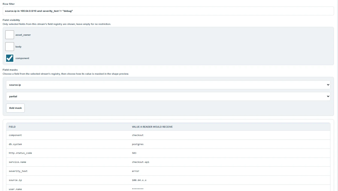 ZenLog authorization page, read constraints tab in light theme: a row filter, a field visibility list and field masks for one stream.
