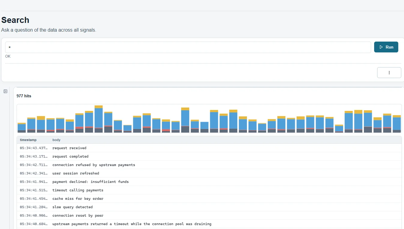 ZenLog search page in light theme: a query bar with a histogram of matching log records over time, and a table of timestamps and log messages below it.